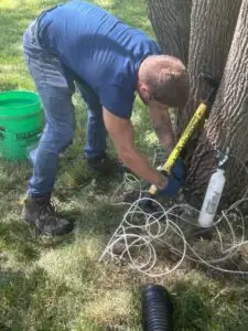 Man performing preventative care on a tree, Brookfield, WI.