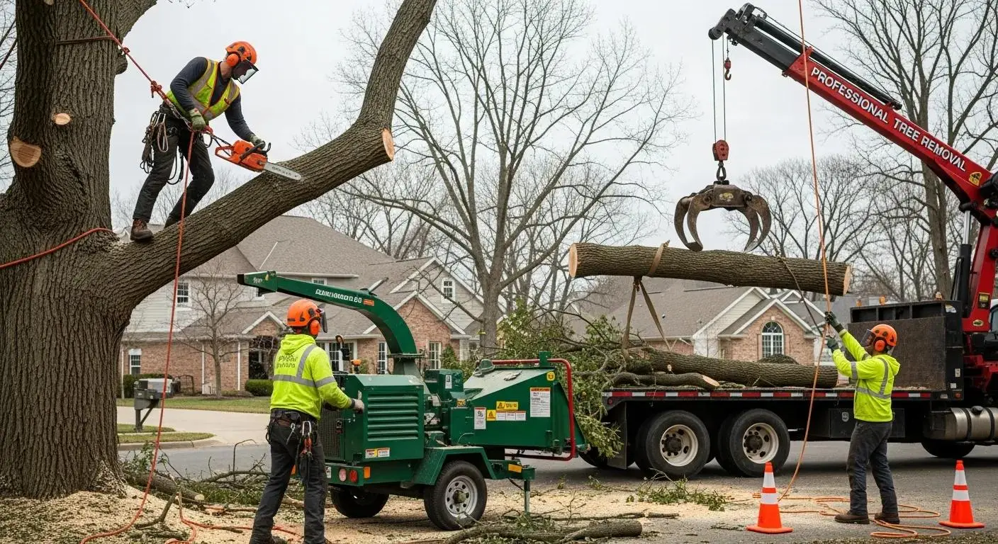 Professional tree removal service in action with safety gear and specialized equipment