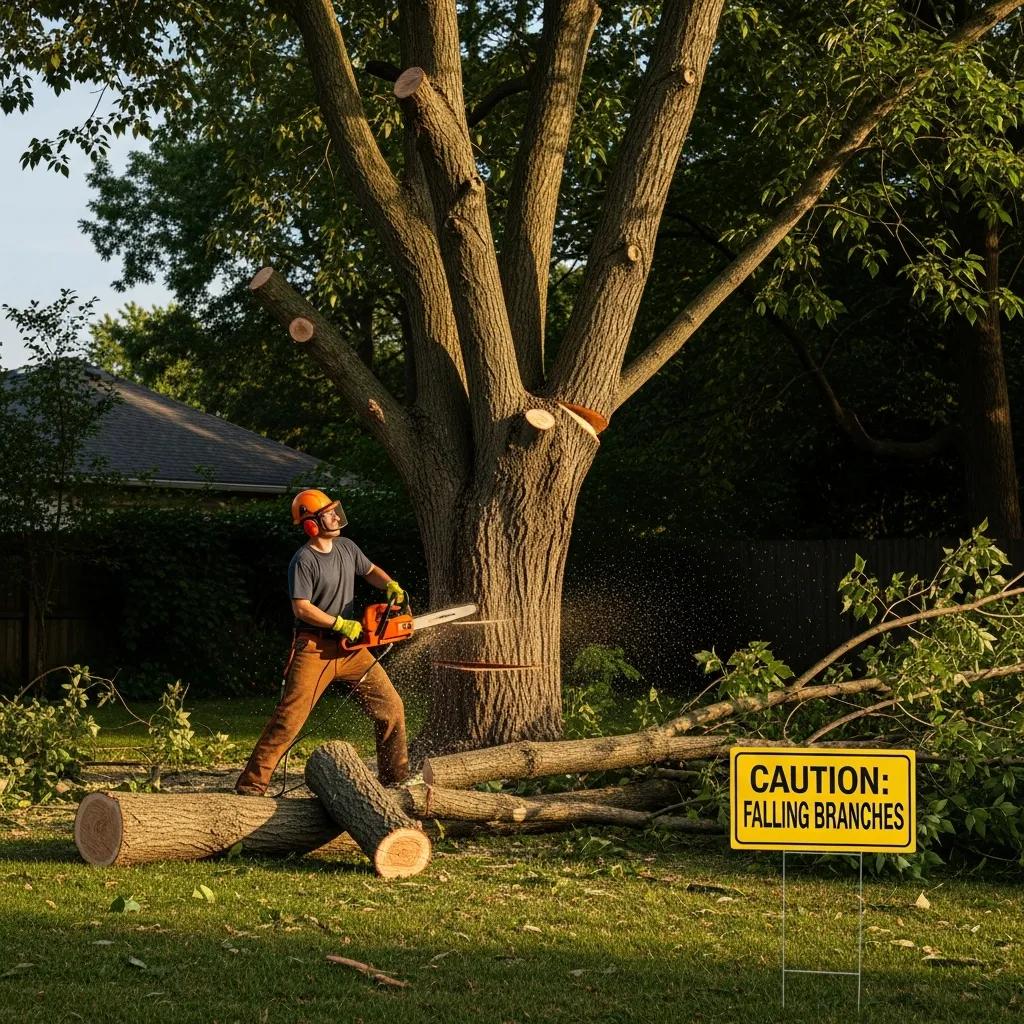 Homeowner attempting DIY tree removal with visible safety risks and caution signs