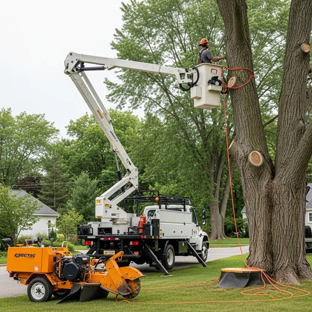 Specialized equipment used in professional tree removal, including a bucket truck and stump grinder