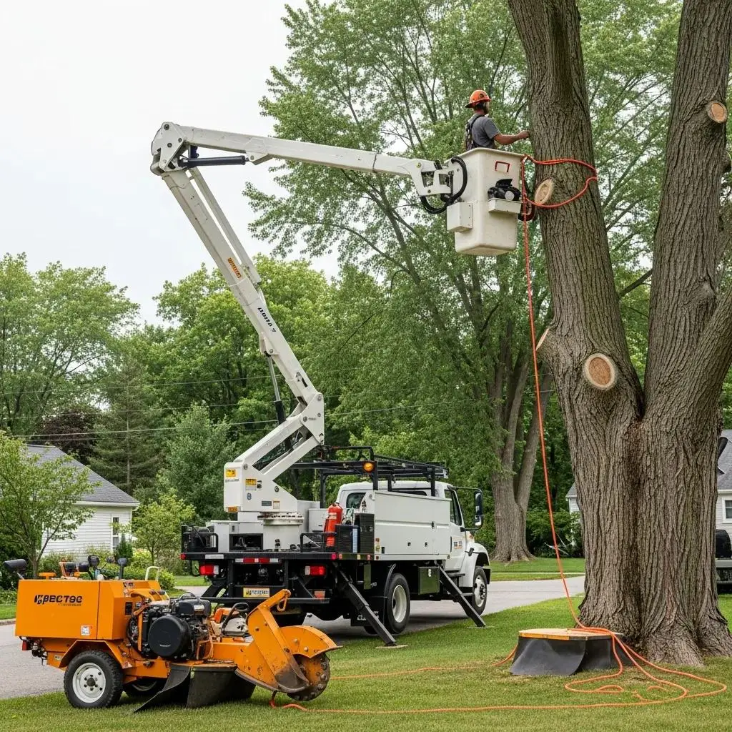 Specialized equipment used in professional tree removal, including a bucket truck and stump grinder